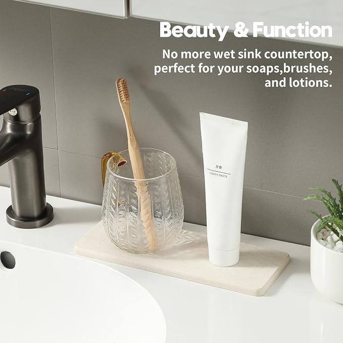 2PCS Beige Bathroom Sink Vanity Trays, Water Absorbing Diatomite Stone Drying - Image 3