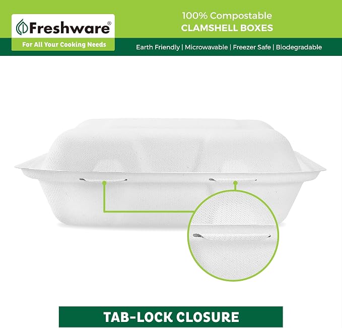 Freshware Compostable Clamshell Food Containers 3-Compartment 50-Pack, - Image 4