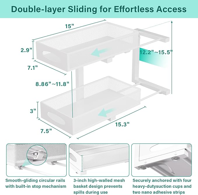Under Sink Organizer, 2 Pack 2 Tier Metal Slide Out Pull Out Cabinet Organizer - Image 2