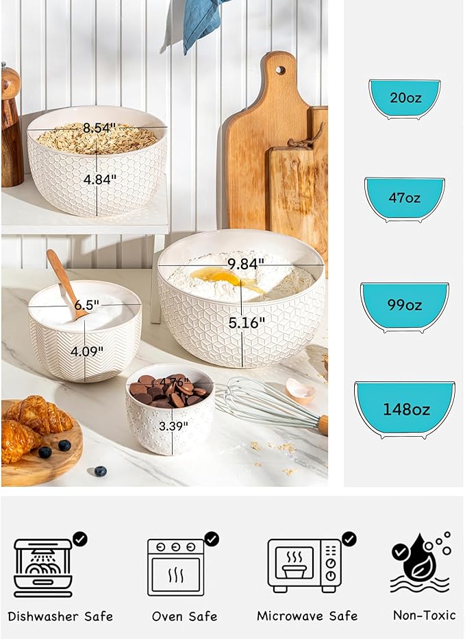 Ceramic Mixing Bowls, Embossed Nesting Bowls Set of 4, Mixing Bowl Set - Image 4