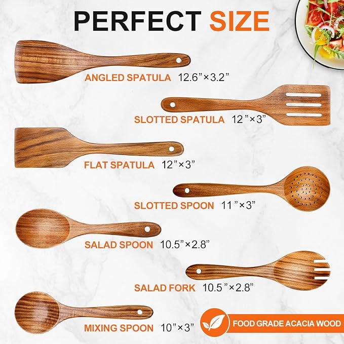 7 Pcs Acacia Wood Cooking Utensils Set Large Wooden Spoons - Image 2