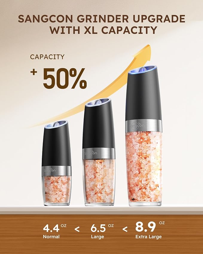 Sangcon Gravity Electric Salt and Pepper Grinder Set Shakers UPGRADED 9OZ XL - Image 2