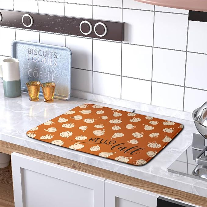Hello Fall Drying Mat for Kitchen Counter Autumn Orange Pumpkin Dry Dish Mat - Image 5