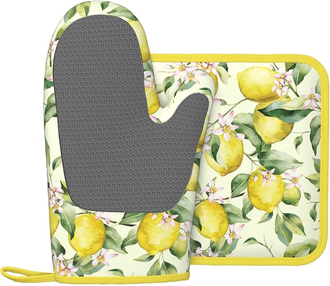 Lemon Silicone Oven Mitts Pan Mats Set of 2, Heat Resistant Gloves Potholder - Image 2