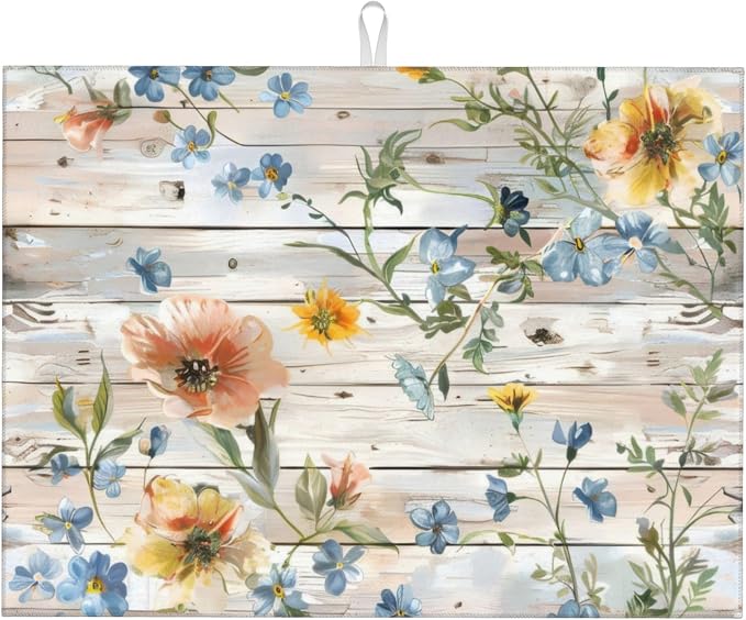 Flowers on Wooden Board Dish Drying Mat 18x24 Inch, Microfiber Absorbent Fast by Unknown