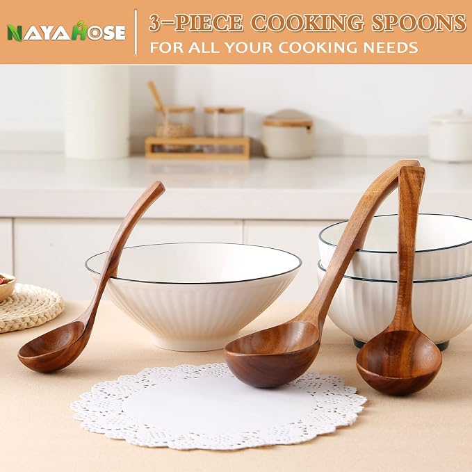 3Pcs Wooden Ladle for Soup, 3Size Natural Teak Wooden Cooking Spoons, Wood Soup - Image 4