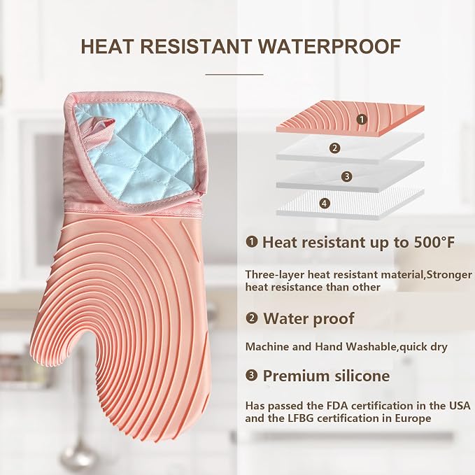 Silicone Oven Mitts-13.6 in Extended Oven Mitts Heat Resistant 500F, Oven Gloves - Image 3