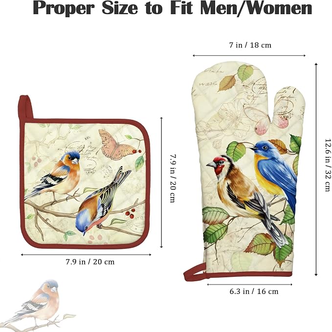 Vintage Bird Oven Mitts and Pot Holders Sets 2Pcs, 100% Cotton Heat Resistant - Image 4
