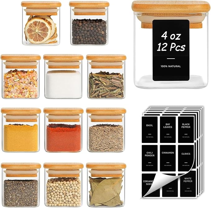 ComSaf 12Pcs Spice Jars with Labels, Glass Jar with Bamboo Lid, 4oz Airtight by ComSaf