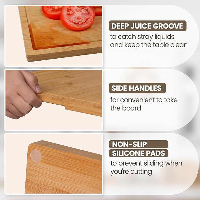 Kikcoin Bamboo Cutting Boards for Kitchen, Extra Large Wood Cutting Board - Image 4