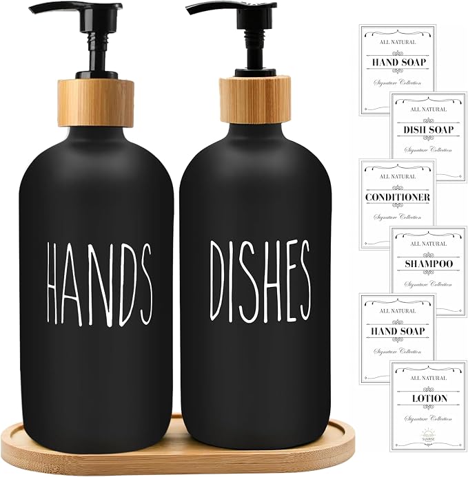 Sunrise Premium 16 OZ Thick Black Glass Soap Dispenser, Bamboo Pump - Image 7