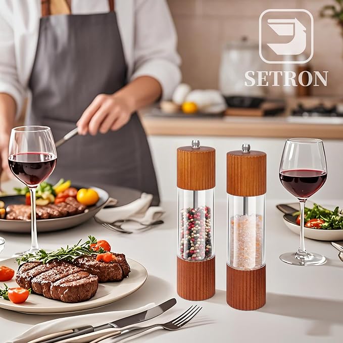 Acacia Wooden Salt and Pepper Grinder Set, 8 Inches Refillable Salt and Pepper - Image 7