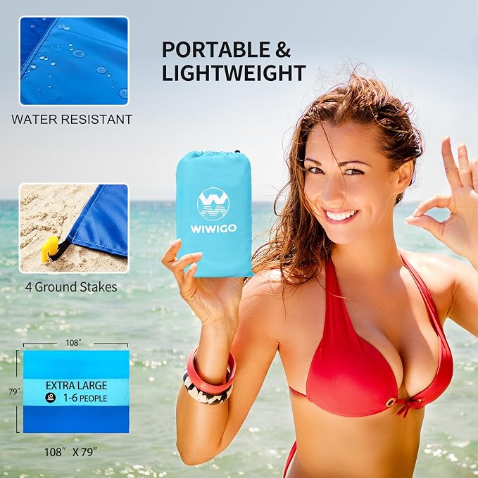 WIWIGO Beach Blanket Waterproof Sandproof Beach Mat 79" X 83"/10'x9'for 2-8 - Image 2