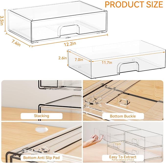 Yieach 12.1''W Clear Stackable Storage Drawers, 2 Pack Acrylic Drawer Organizer - Image 3