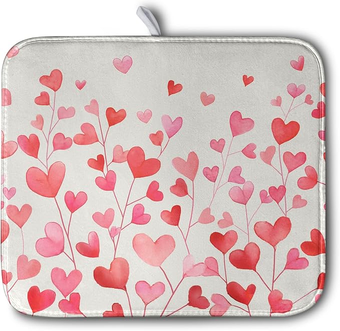 Valentines Pink Love Heart Dish Drying Mat Valentine Day Absorbent Microfiber by Kwlegh