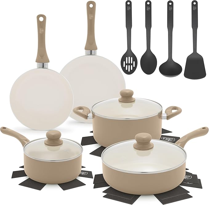 GreenLife 16-Piece Nonstick Cookware Set, Non-Toxic Ceramic Pots and Pans Set by GreenLife