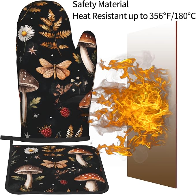 Mushroom Oven Mitts Set – Vintage Pot Holders Kitchen Gloves - Image 5