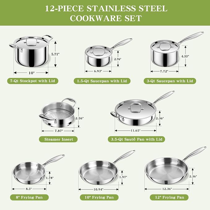 Triple Ply Stainless Steel Pots and Pans Set, EWFEN 12 Piece Induction Cookware - Image 2