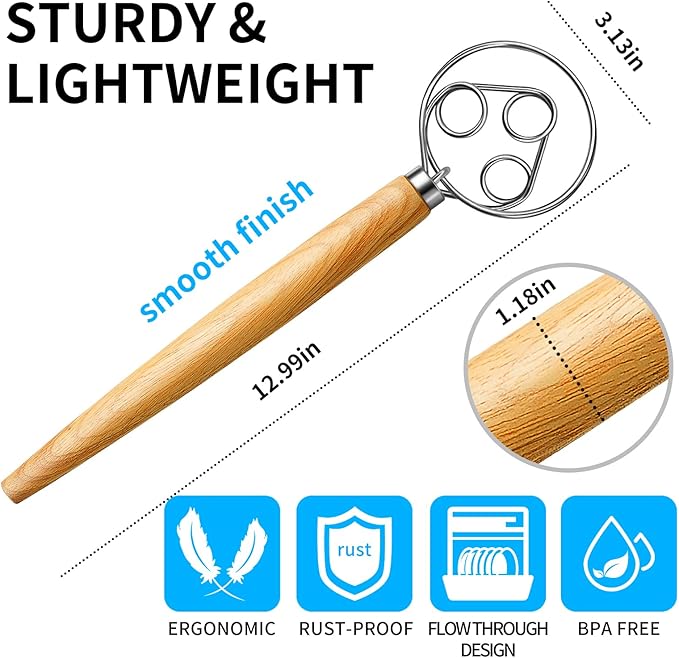 TEEVEA Danish Dough Whisk for Bread Sourdough, Wooden Handle & Stainless Steel - Image 7