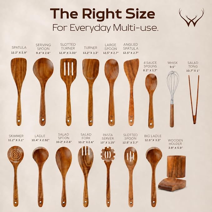20 Pcs Teak Wooden Utensil Set – Premium Cooking Utensils Set, Natural Wooden - Image 4
