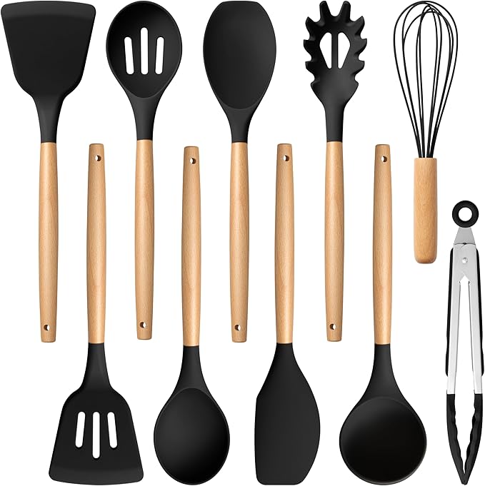 E-far Silicone Cooking Utensils Set, 10-Piece Black Kitchen Utensils Set by E-far