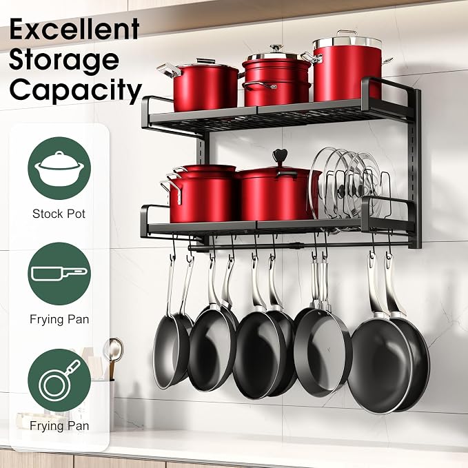 19"- 30" Expandable Hanging Pot Rack, 2 Tier Heavy Duty Wall Mounted Pots and - Image 6
