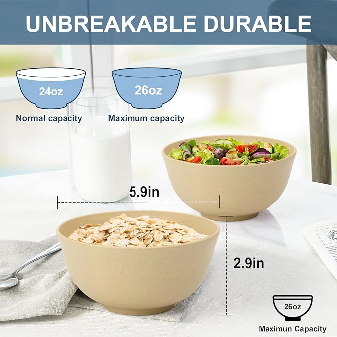 Soup Bowls 26oz, Wheat Straw Bowls Set of 6, Unbreakable Cereal & Popcorn Bowls - Image 2