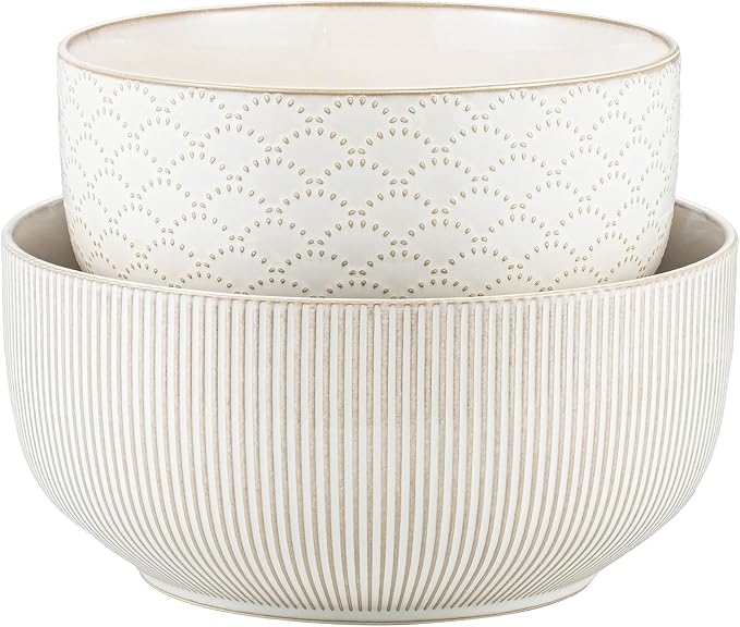 Mikiegy Ceramic Mixing Bowls Set of 2, Nesting Ceramic Embossment Stoneware by MIKIGEY