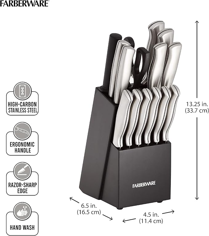 Farberware 15-Piece Kitchen Knife Set, High-Carbon Stainless Steel Blades - Image 2