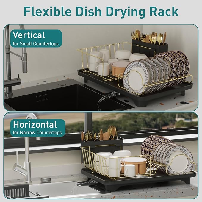 Buruis Dish Drying Rack for Kitchen Countertop, Large Capacity Gold Stainless - Image 6