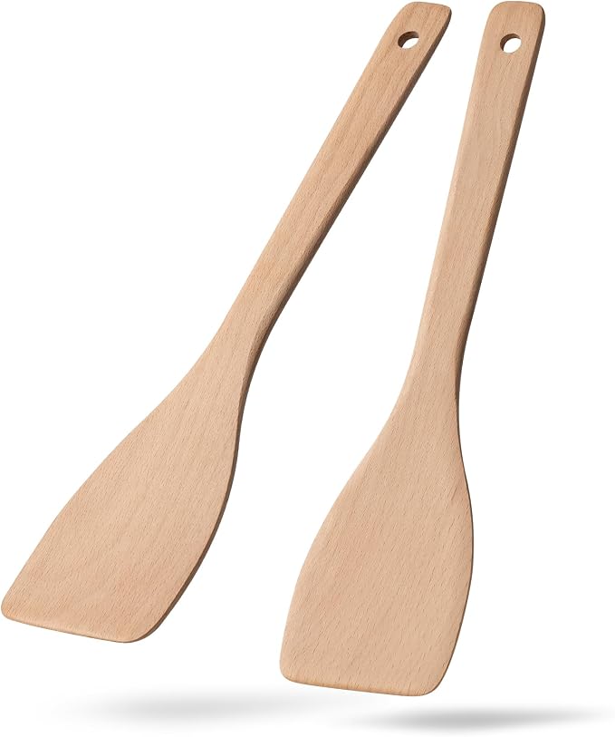2PCS Wooden Spatulas for Cooking, 13inch Uncoated Beech Wood Turners for Frying by HEFILD