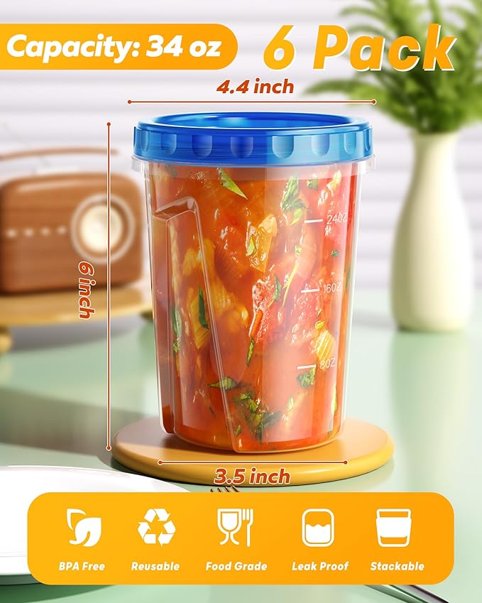 BiuLeon 6 Pack-34 oz Freezer Storage Containers, Plastic Food Storage Containers - Image 2
