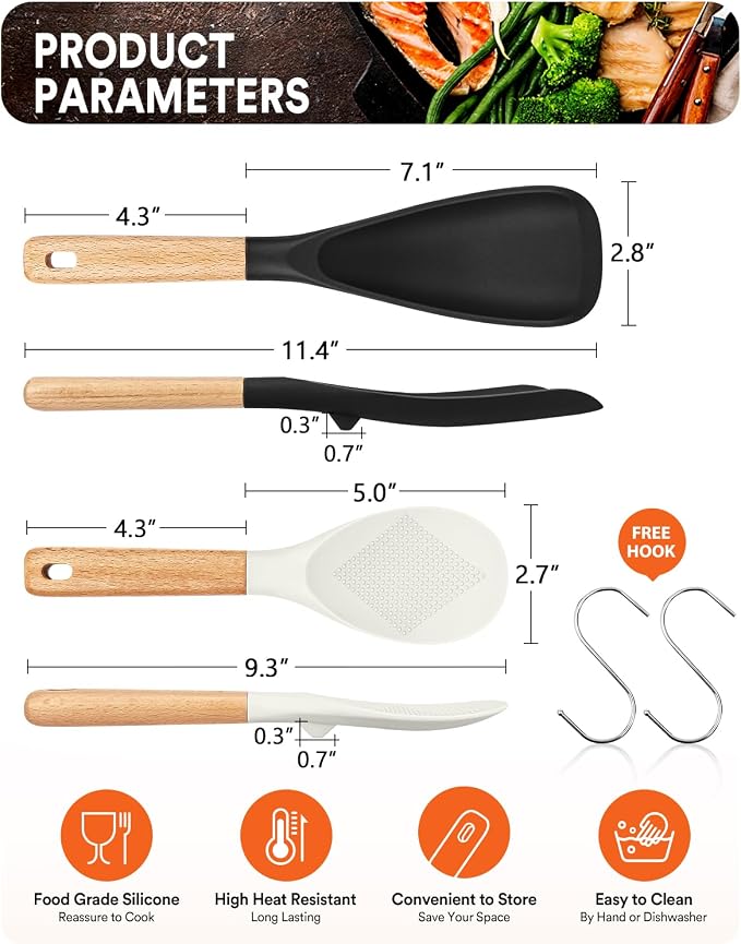 Cooking Spoon and Rice Scooper for Nonstick Cookwares, Wood Handle Spoon for - Image 2