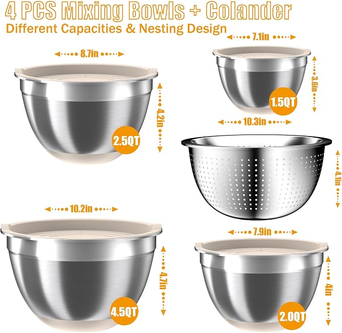 Mixing Bowls with Airtight Lids Set, 4 Stainless Steel Bowls Nesting Bowls & - Image 2