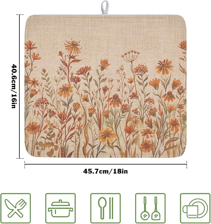 Fall Floral Dish Drying Mat for Kitchen Counter 16 x 18 Inch Autumn Sunflower - Image 2