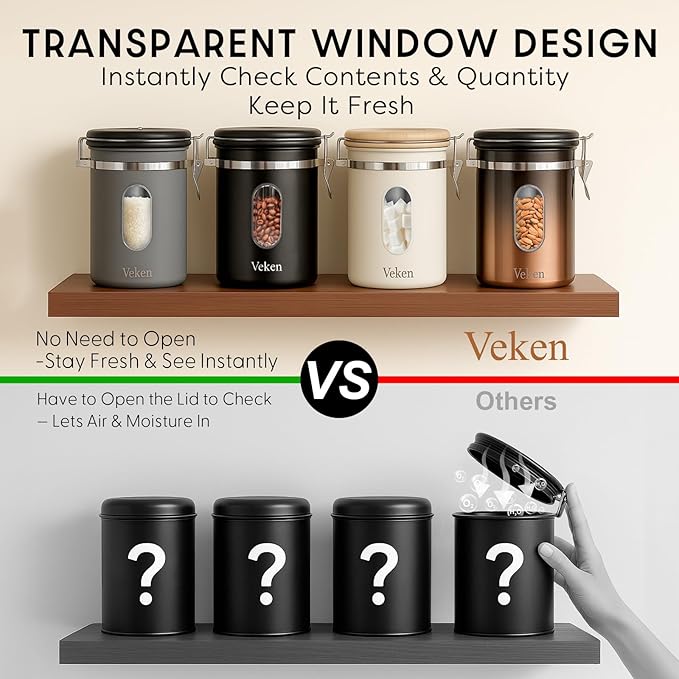 Veken Coffee Canister with Window, Airtight Stainless Steel Kitchen Food - Image 2