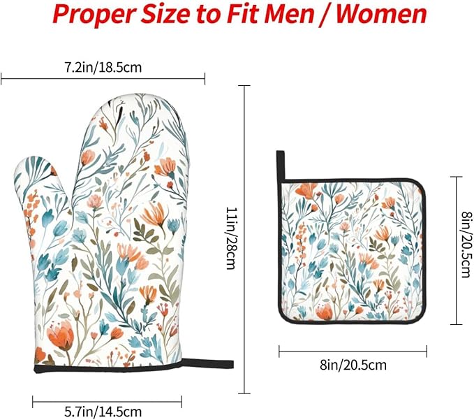 Teal Orange Watercolor Floral Oven Mitts and Pot Holders Sets of 3, Heat - Image 8
