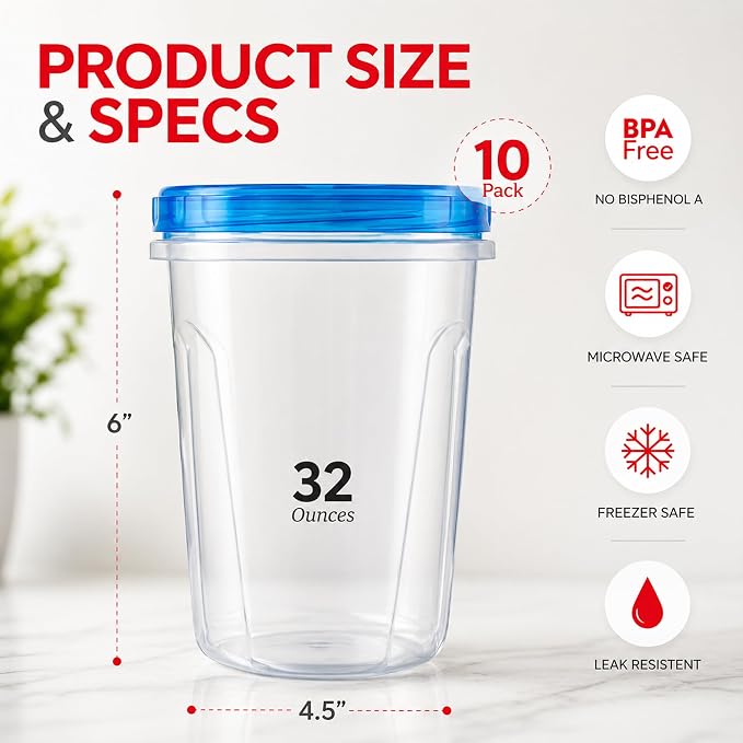 Tafura 10 Pack 32 Oz Freezer Storage Containers Leak-Proof - Image 3