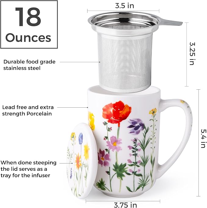 AmorArc Porcelain Tea Mug with Infuser and Lids, 18 Oz Coffee Cup Strainer with - Image 3