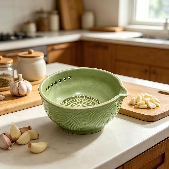 Garlic Grater Bowl 7-hole 2-in-1Kitchen Spanish Handheld Herb Stripper Ceramic - Image 5