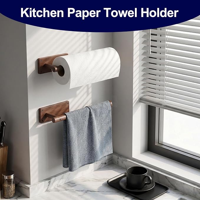 Wooden Paper Towel Holder for Kitchen, Adhesive Acacia Wood Paper Towel Holders - Image 2