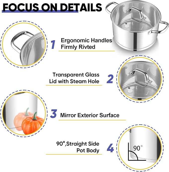 TeamFar 8QT Stock Pot with Lid, Stainless Steel Tri-ply Bottom Cooking Pot - Image 3