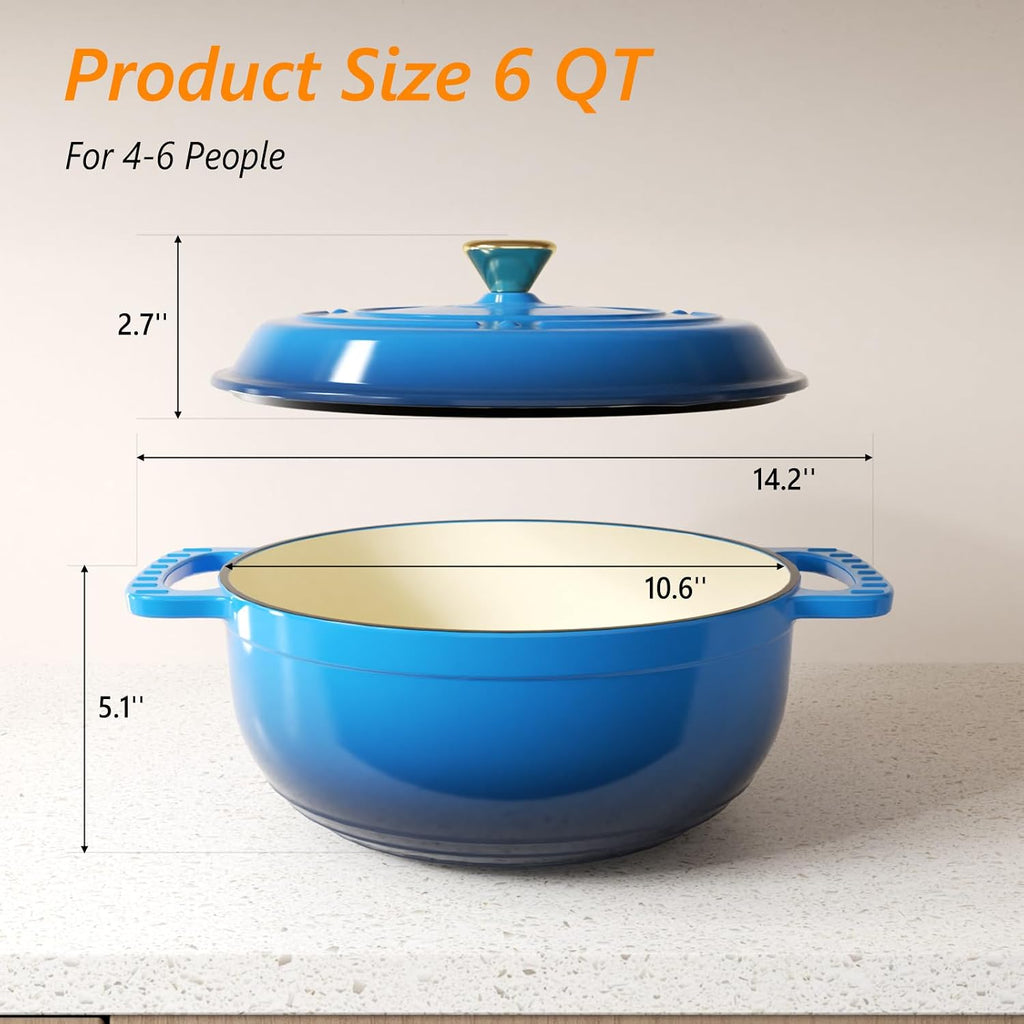ROVSUN Enameled Cast Iron Round Dutch Oven, 6QT, Blue