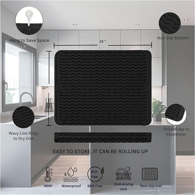 Silicone Drying Mat 16 × 12 – Black Non-Slip Sink Mat - Image 2