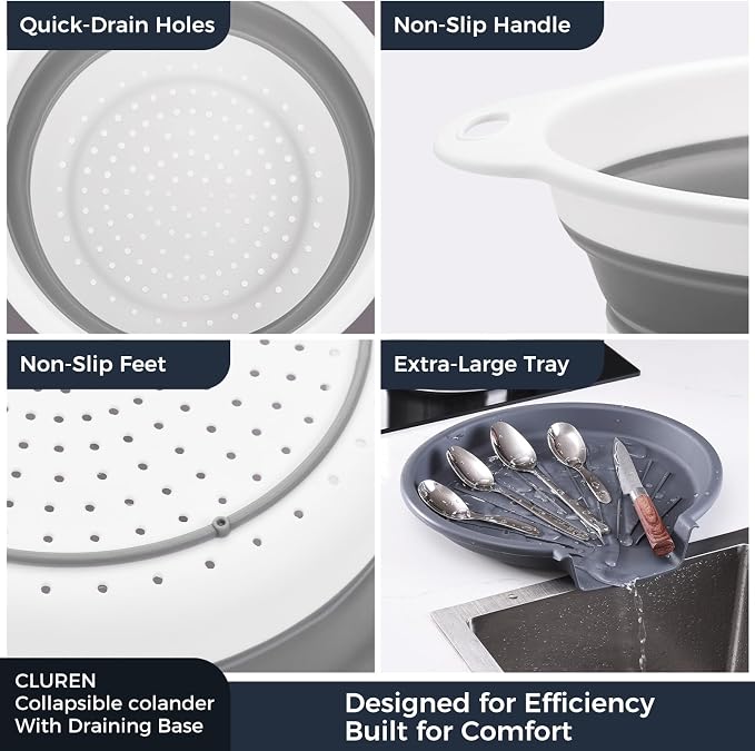 Collapsible Colander Set with Oversized Draining Tray | 3-Pack Foldable Kitchen - Image 6