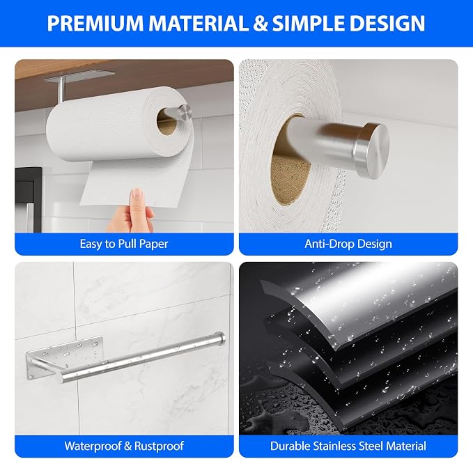 Paper Towel Holder Under Cabinet, Self-Adhesive, No Drilling, Stainless Steel - Image 3
