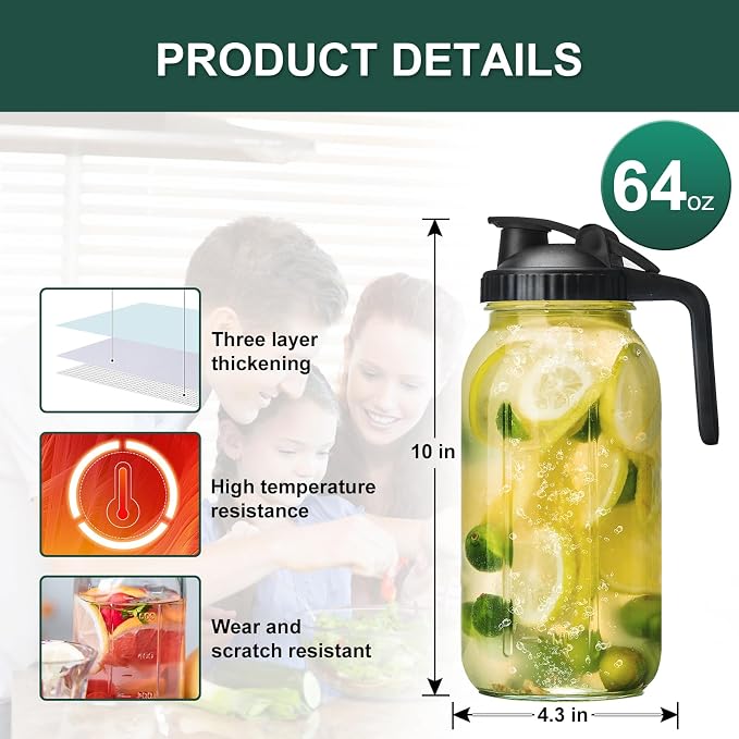 Glass Mason Jars Pitcher 64 Oz Pour Spout Lids & Handle Wide Mouth Airtight - Image 2