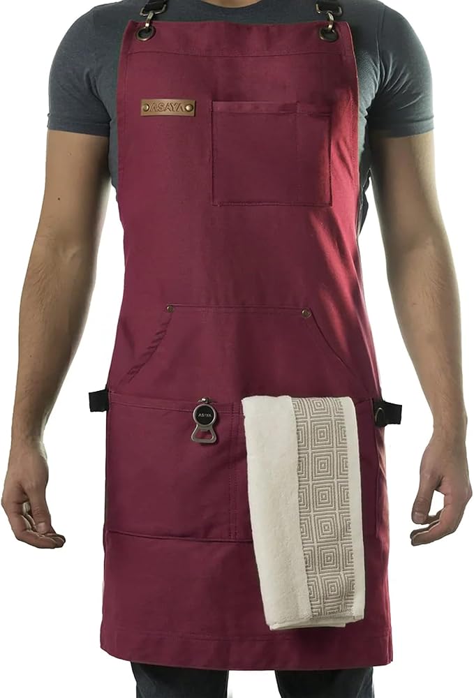 Asaya Chef and BBQ Apron with Bottle Opener and Hand Towel - 10oz Cotton Canvas by AsayaChefProducts