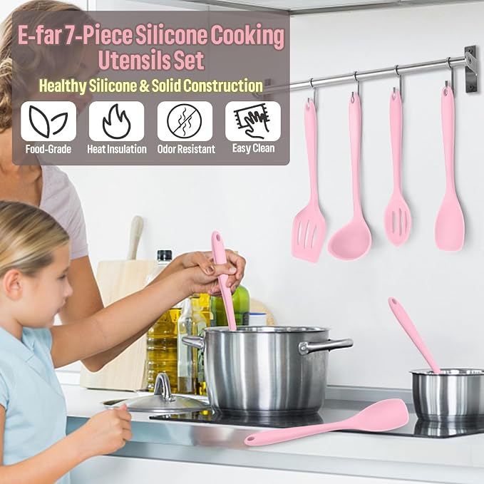 E-far Silicone Cooking Utensils Set, 7-Piece Pink Heat Resistant Kitchen - Image 7