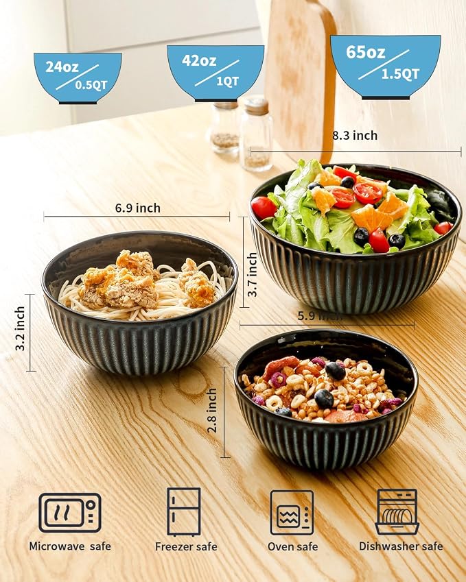 HASENSE Mixing Bowls of 3, Porcelain Ribbed Bowls 1.5/1/0.5 Qt - Image 2